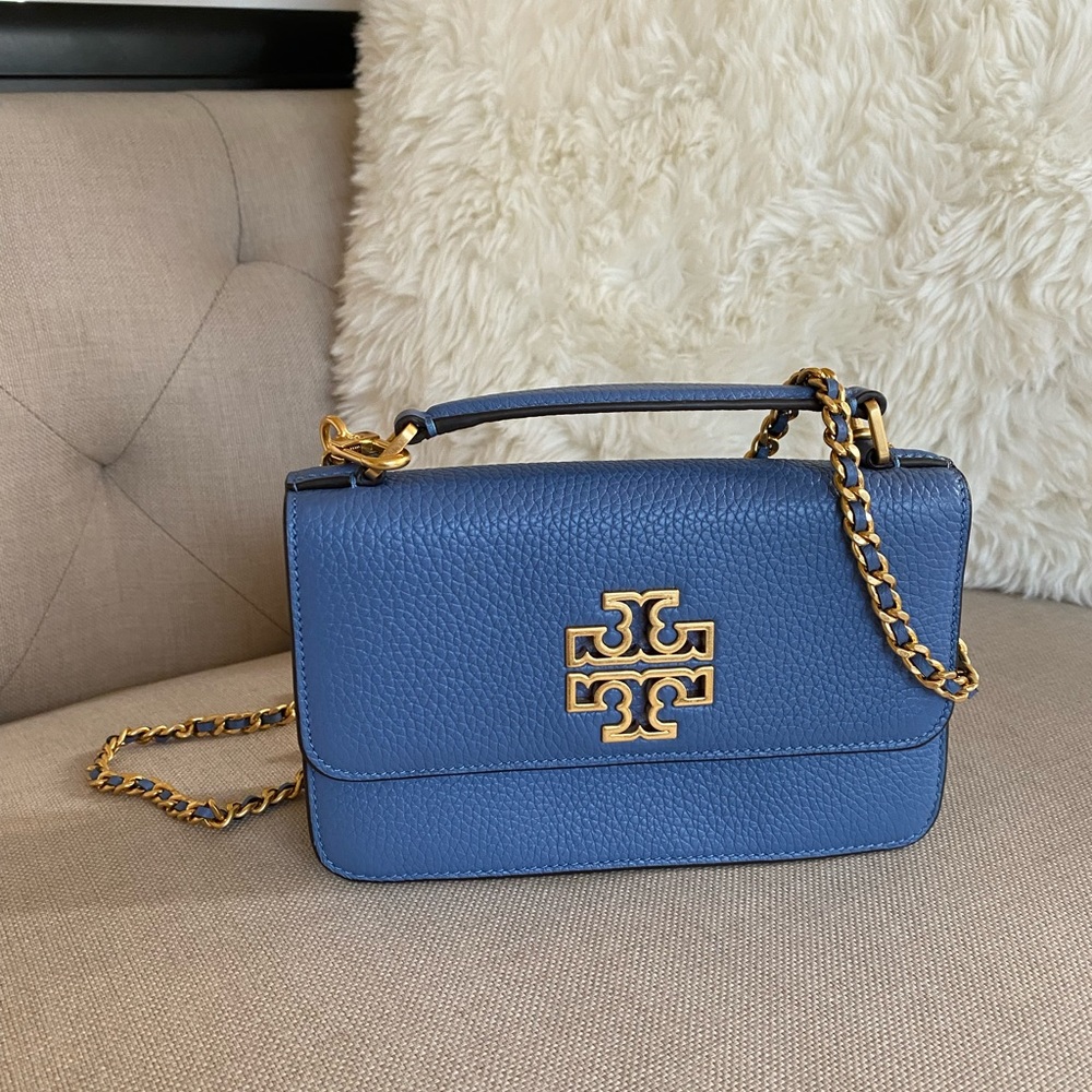 Tory Burch Blue Pebbled Mini Crossbody with Gold Logo